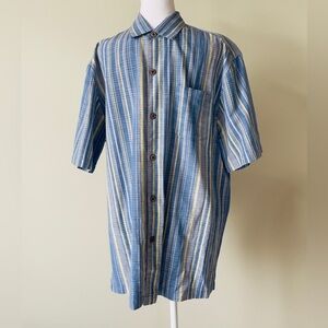 Tommy Bahama Blue and Cream Striped Short-Sleeve Button-Down Shirt Size Large